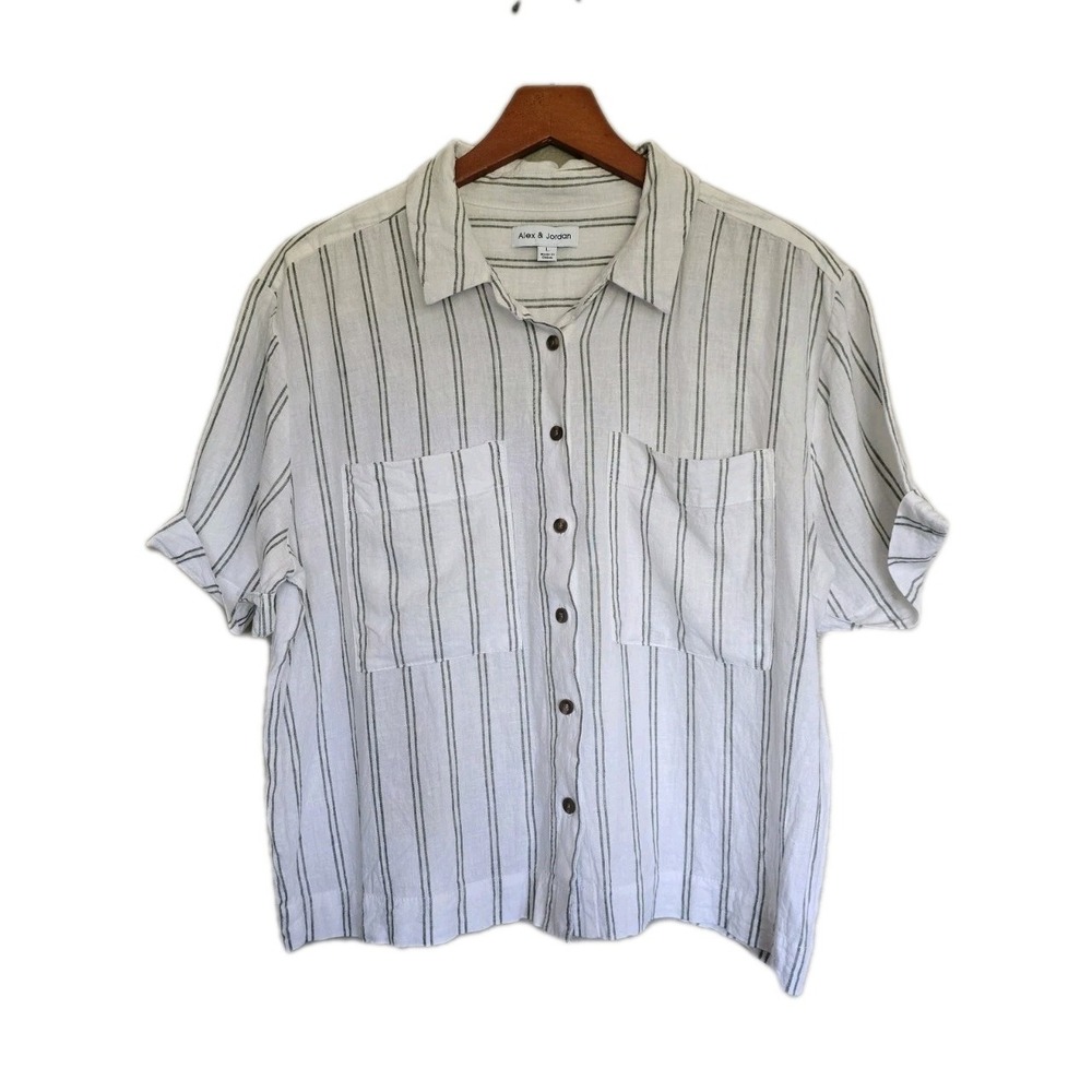 Striped Linen Blend Cream Green Short Sleeve Button Up Shirt Size Large